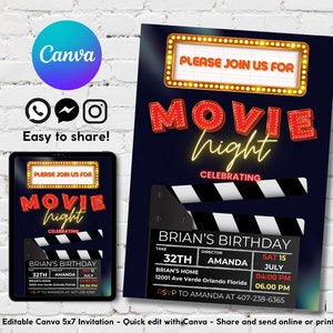 Editable Movie Night Birthday Invitation, Kids Party Invite, Printable Digital Template, Canva, Printable Cinema Party Invitations, 5x7