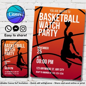 Editable Basketball Watch Party Invitation Template, Printable Basketball Birthday Party Invitation, Basketball Fan Birthday Invite Template