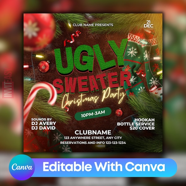 Editable Ugly Sweater Party Invitation Flyer, Printable Ugly Sweater Christmas Invitation Template, Xmas Party Club Flyer For Social Media