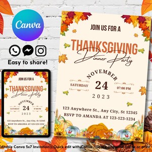Editable Thanksgiving Dinner Invitation Template, Printable Digital Thanksgiving Potluck Invite, Thanksgiving Invitation Card Template