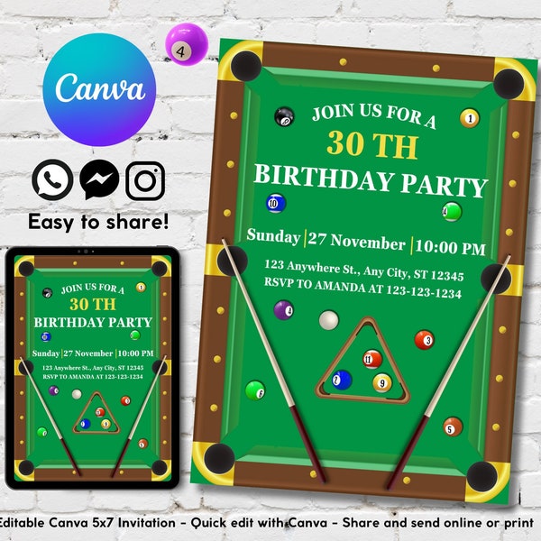 Billiards Birthday Invitation Template, Editable Snooker Birthday Invite, Sporty Event Birthday Invitation, Billiards Fan Birthday Invite