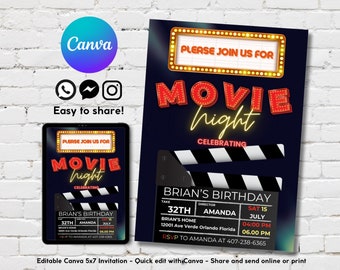 Editable Movie Night Birthday Invitation, Kids Party Invite, Printable Digital Template, Canva, Printable Cinema Party Invitations, 5x7