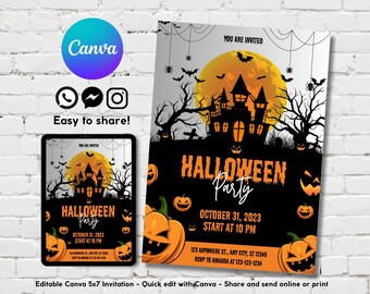 Uitnodiging voor Halloween-feest, bewerkbare uitnodiging voor feest Halloween-kostuum, afdrukbare uitnodiging voor verjaardagsfeestje Halloween - direct downloaden