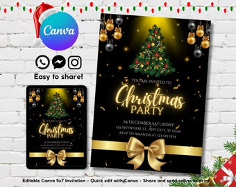 Editable Christmas Holiday Party Invitation Template, Printable Christmas Party Flyer Template, Gold Themed Christmas Invitation Template