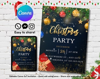 Editable Christmas Party Invitation Flyer, Printable Christmas Party Invite Flyer Template, Christmas Holiday Gift Invitation Canva Template