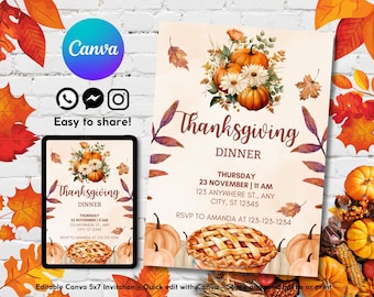 Printable Thanksgiving Dinner Invitation, Editable Digital Friendsgiving Invite, Thanksgiving Cards Invitation Template, Fall Pumpkin Themed