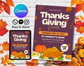 Editable Thanksgiving Dinner Invitation, Printable Digital Fall Harvest Invite, Thanksgiving Card Digital Invitation Template, Autumn Themed