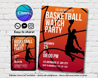 Editable Basketball Watch Party Invitation Template, Printable Basketball Birthday Party Invitation, Basketball Fan Birthday Invite Template