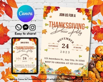 Editable Thanksgiving Dinner Invitation Template, Printable Digital Thanksgiving Potluck Invite, Thanksgiving Invitation Card Template