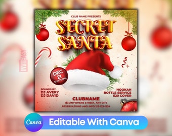 Editable Secret Santa Party Invitation Flyer, Printable Secret Santa Christmas Invitation Template, Xmas Party Club Flyer For Social Media