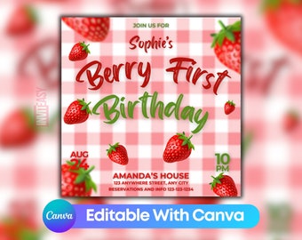 Berry First Birthday Party Invitation Flyer Template, Printable Berry First Birthday Invitation, Berry First Birthday Flyer For Social Media