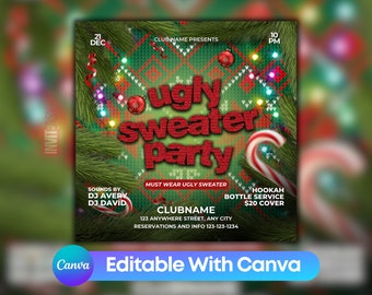 Editable Ugly Sweater Party Invitation Flyer, Printable Ugly Sweater Christmas Club Flyer Template, Xmas Party Club Flyer For Social Media