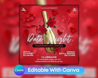 Editable Valentine's Day Party Flyer, Printable Valentine's Day Party Invitation Template, Galentine's Day Party Club Flyer For Social Media
