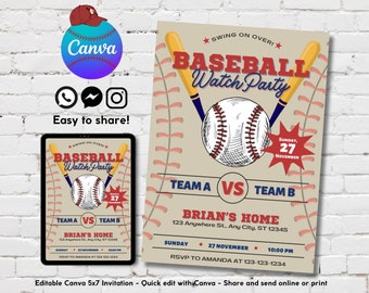 Printable Baseball Birthday Party Invitation, Editable Baseball Game Watch Party Invite, Sporty Event Birthday Invite, Game Day Party Invite