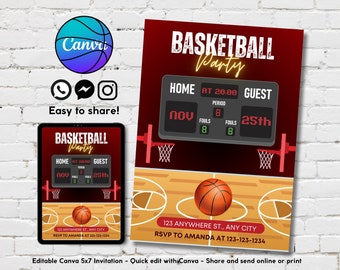 Editable Basketball Birthday Party Invitation Template, Printable Basketball Watch Party Invite, Basketball Scoreboard Birthday Invitation