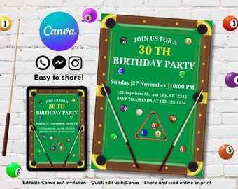 Billiards Birthday Invitation Template, Editable Snooker Birthday Invite, Sporty Event Birthday Invitation, Billiards Fan Birthday Invite