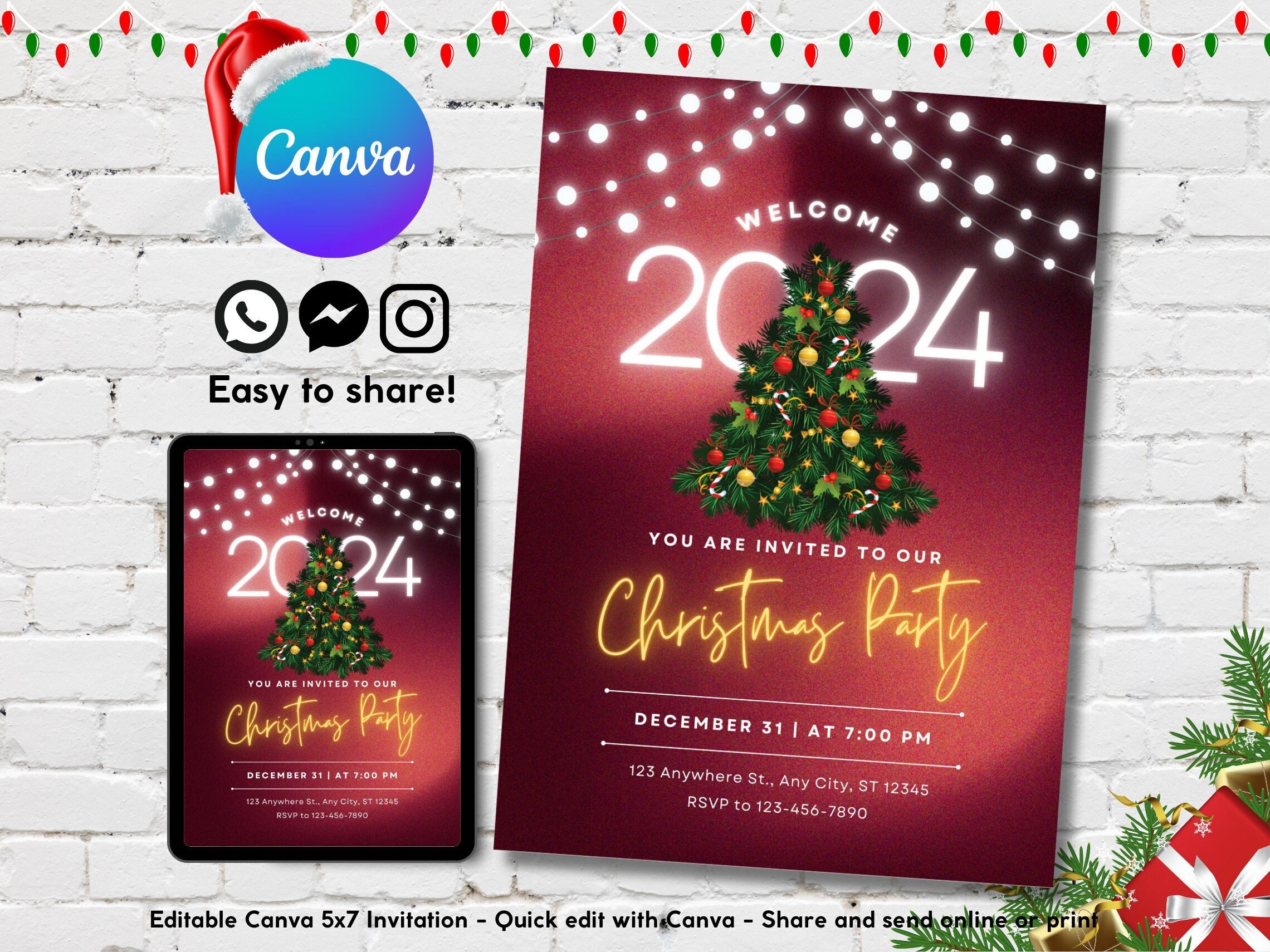 Editable 2024 Christmas Party Invitation, 2024 Printable Xmas Party