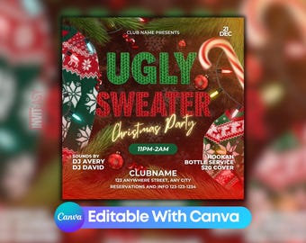 Editable Ugly Sweater Party Invitation Flyer, Printable Ugly Sweater Christmas Invitation Template, Xmas Party Club Flyer For Social Media