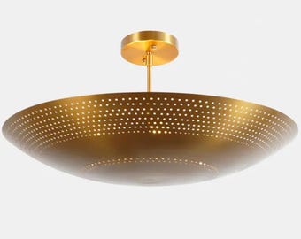 Mid Century Modern Perforated Brass Ceiling Light, Handmade Flush Mount Chandelier, Large Dome Ceiling Fixture for Living Room & Entryway