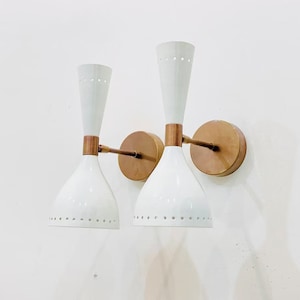 Mid Century Twin Bulb Wall Sconce Adjustable Raw Brass Wall Lamp Style Solid Brass White Shades
