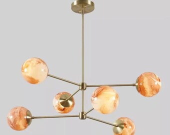 Mid Century Modern Marble Glass Chandelier, Brass Linear Pendant Light, 6 Globe Ceiling Fixture, Italian Modern Lighting