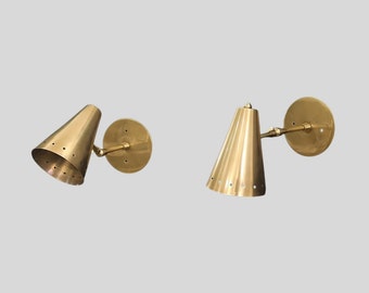 Pair of Mid Century Cone Shade Raw Brass Finish Italian Wall Light Sconce -  Fixtures - Bedroom Lights - Vanity Lamps