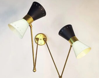 Mid Century Modern Double Wall Sconce, Adjustable Brass Wall Lamp, Black & White Cone Shade Light Fixture