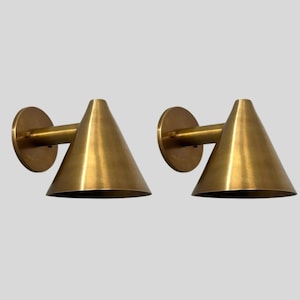 Pair of Mid Century Cone Shape Antique Raw Brass Finish - Italian Wall Light Sconce Fixtures - Bedroom Lights - Vanity Lamps