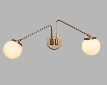 Mid Century Modern Double Globe Wall Sconce, Brass Wall Lamp, Opal Glass Wall Light, Scandinavian Bedroom Lighting