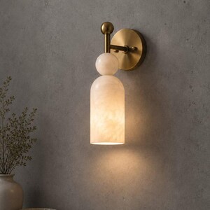 Alabaster Wall Sconce Brass, Modern Marble Wall Light, Mid Century Vanity Lamp, Bedroom Bathroom Lighting