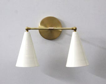 Mid Century Double Cone Shape Shinny White Shade with Raw Brass Finish - Italian Wall Light Sconce Fixtures - Bedroom Lights - Vanity Lamps