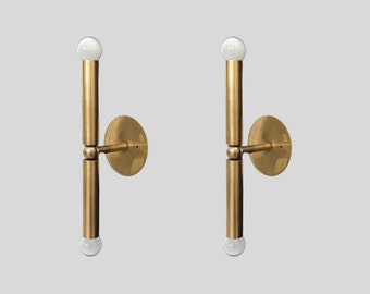 Pair of Mid Century Cylindrical Raw Brass Finish Italian Wall Light Sconce -  Fixtures - Bedroom Lights - Vanity Lamps