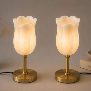 Para lamp stołowych z alabastru, mosiężne lampki nocne w stylu mid-century modern, antyczne lampy nocne z marmurowym blaskiem, eleganckie oświetlenie sypialni