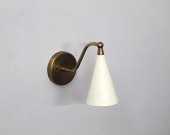 Brass Cone Wall Sconce, Mid Century Modern White Wall Lamp, Bedroom Bedside Light, Hallway Accent Lighting