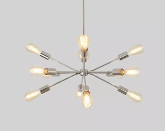 Mid Century Modern Sputnik Chandelier, Brushed Nickel 10 Light Ceiling Fixture, Atomic Starburst Pendant Lighting