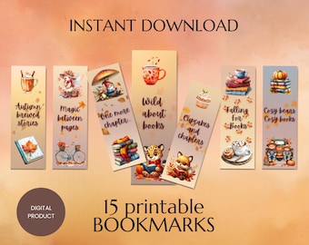 Autumn Cozy Bookmarks- Digital Printable Download (15 set)