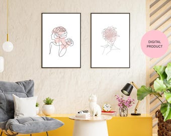 Arte de pared imprimible con elegante diseño floral minimalista de mujer / Descarga digital instantánea / Decoración femenina para el hogar