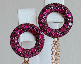 Boucles d'oreilles pompons, boucles d'oreilles pendantes argent 925 avec pampilles rolo, donut pavé cocktail rubellite rouge magenta, rubis violet fuchsia zircon cubique