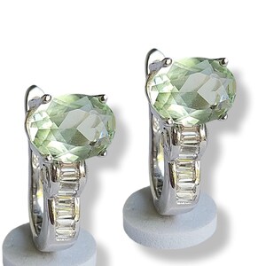 Pendientes de Amatista Verde, Aros Paraiba de Prasiolita Aqua, Topacio con baguettes, Joyas pequeñas y discretas, Modelo Cobra ovalado