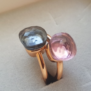 Pompom ring, pure 925 sterling silver with agate cushion, semi-precious stone stacking ring faceted square solitaire, cocktail statement jewelry
