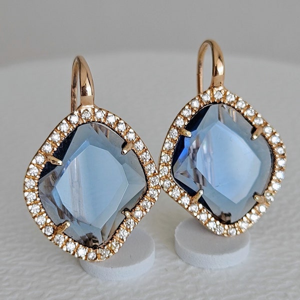 Boucles d'oreilles losange, Hydro quartz fumé London Blue argent 925 plaqué or rose 18Kt, boucles d'oreilles dormeuses, monture facettée sertie de zircones