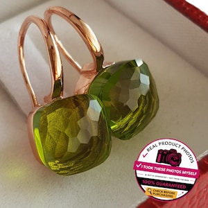 Pompom earrings, square, 925 silver, faceted, lime chartreuse green citrus quartz, cushion cut, hook vermeil, autumn cocktail