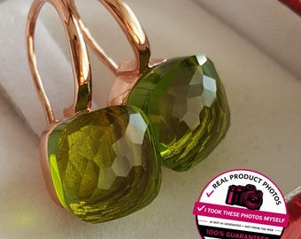 Pendientes pompones, cuadrados, plata 925, facetados, cuarzo cítrico verde lima chartreuse, talla cojín, gancho vermeil, cóctel otoñal