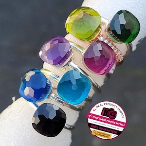 Bague pompon, argent sterling 925 pur avec coussin en agate, bague empilable en pierre semi-précieuse solitaire carré facetté, bijoux de déclaration de cocktail