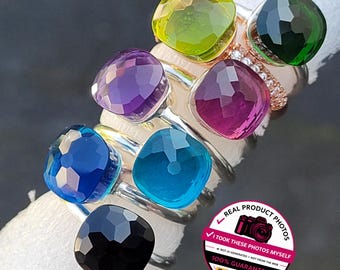 Anello con pompon, in puro argento sterling 925 con cuscinetto in agata, anello impilabile con pietre semipreziose, solitario quadrato sfaccettato, gioiello da cocktail di tendenza