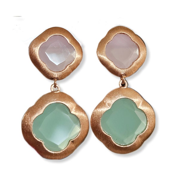 Retro Baroque earrings 925 sterling silver, 18kt rose gold plated jade chrysoprase flower aqua green inlay, romance, buccella Louis laurent