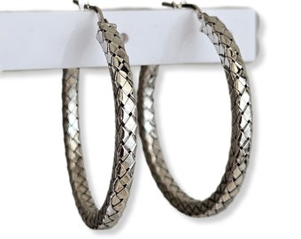 Boucles d'oreilles tressées en argent 925, platine rhodié, tresse, créoles aspect cuir mort, 32 mm de large avec section carrée bottega