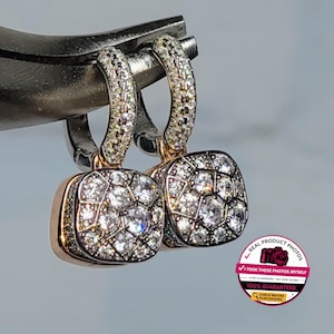 Pompom earrings, 925 sterling silver + 18 kt rose gold hoops, cushion honeycomb pattern, spectacular two-tone faceted, square, white halo