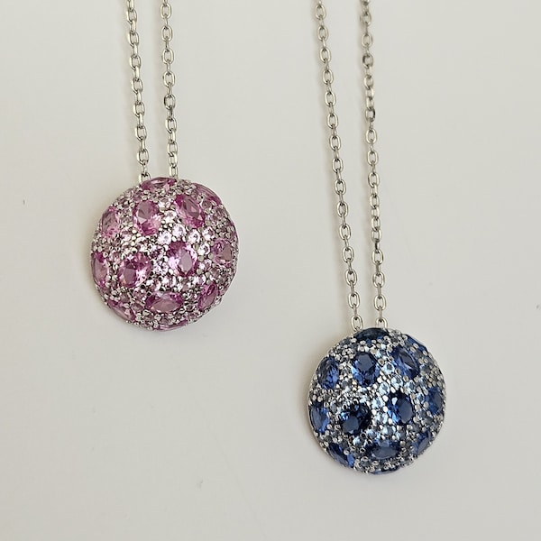 Pompom necklace with pendant, Hydrotopaz Rose de France, 925 silver, rhodium with briolette gemstones, round domed 15 mm diameter