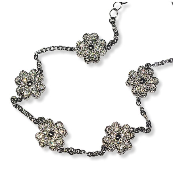 Bracelet fleur moissanite en argent rhodié 925, chaîne rolo, fleur de trèfle à 5 éléments, sphérique van Zinnen Cleefe